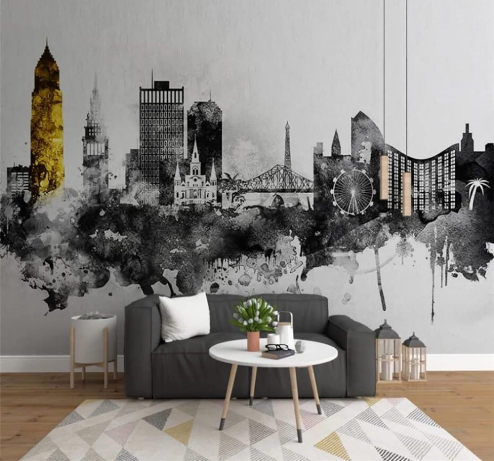 XLMING Abstract Ink Wash Urban Architecture Art Unique 3D Wallpaper Luxury Silk Study Dining Feature Sofa Grey Bedroom Living Room Tv Decorative Wall-250cm×170cm