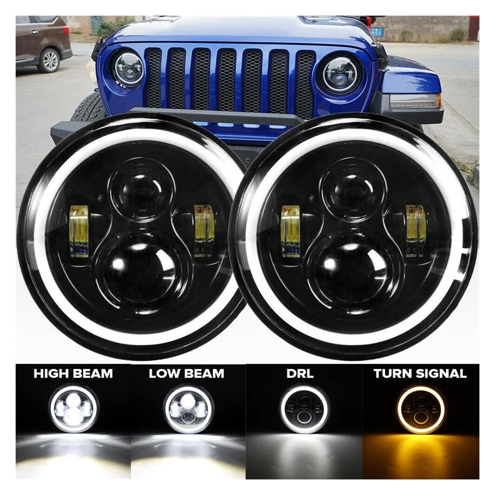 Fendinebbia Per Urban Per BMW Per Jeep JK 4x4 Per Suzuki Per Samurai Per Jeep Per Wrangler Fuoristrada 2 Pezzi Per Auto 7" Fari A LED Hi/Low H4 Halo Angle Eyes LED Fari Anteriori(2 pcs Round-7inch)