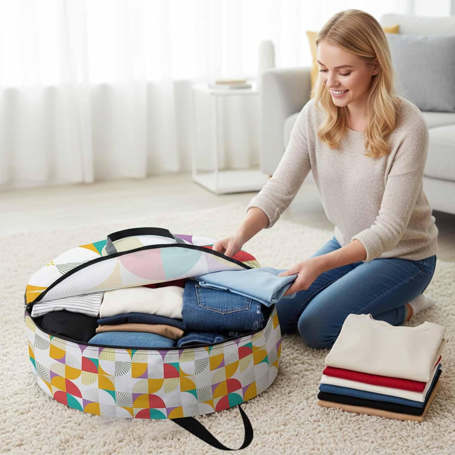 Yellow Red Circular Round Storage Bag 36 Inch, Medieval Geometric Abstract Clothes Storage Container with Handles Heavy Duty Organizer for Comforter, Bedding & Holiday Wreaths