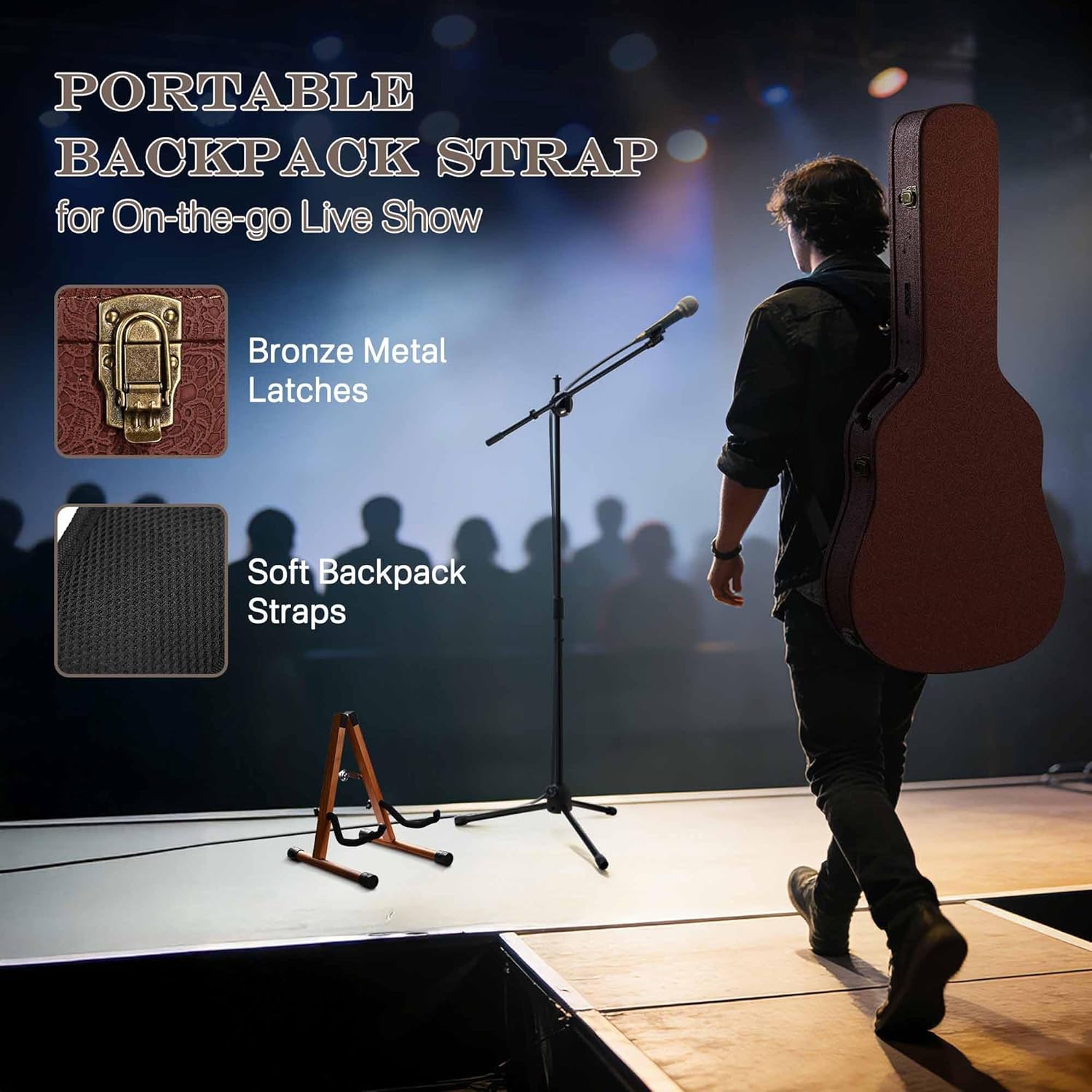 AW Acoustic Guitar Hard Case with Backpack Strap & Folding Stand Fits 40" 41" Classical Dreadnought Wooden Hard-shell Carrying Case for Travel, 2026 Exclusive Edition Rococo Burnt Sienna