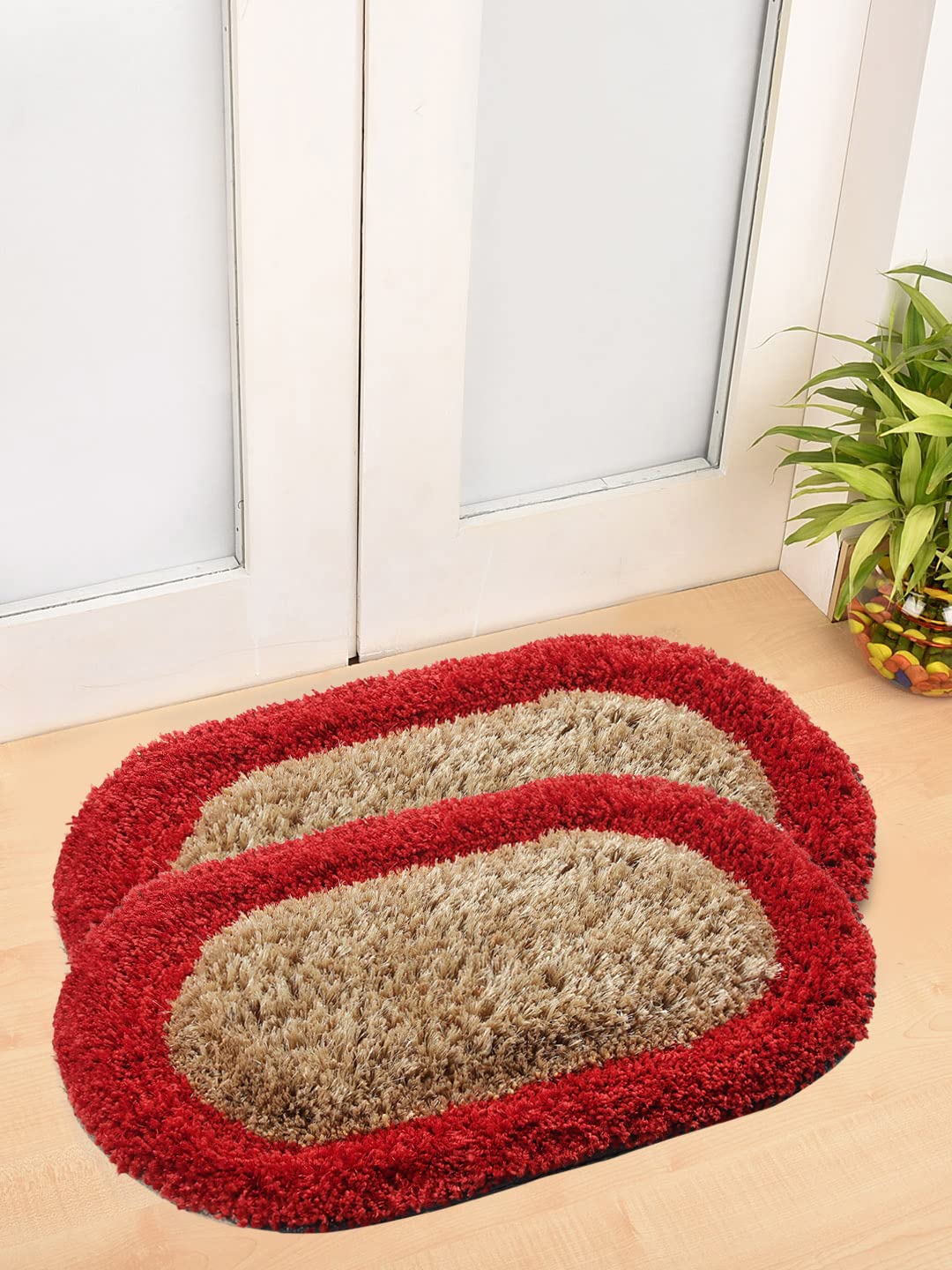 FABINALIV Set of 2 Solid Red Polyester Door Mat-(60 x 40 cm) (FLDM-1020-x2)