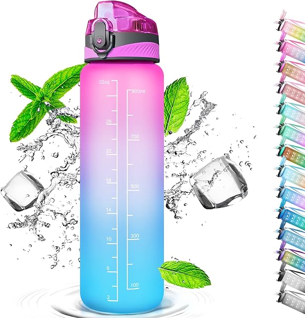 Sports Water Bottle 1 Litre, Time Markings and With Straws Bottles, Water Bottle Opens With 1-Click, Bpa Free, Suitable for Fitness, Outdoor, Camping, Yoga, Cycling and Family Life