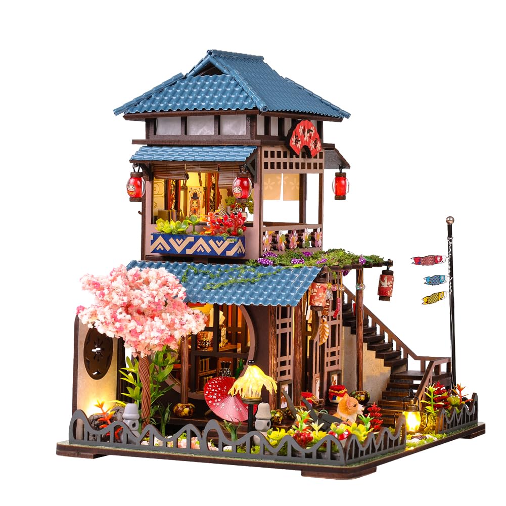 Casa delle bambole fai da te in miniatura, modello puzzle da giardino in legno, villa giapponese a due piani con mobili e luce LED, compleanno creativo