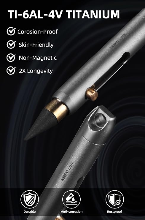 KEEPO LINK Mini Mechanical Pencil with Key Ring & 2 Extra Nibs, OLP01 | Titanium Infinite Keychain Pencil for Everyday Carry, Office, Outdoor, Back to School Supplies (Grey)