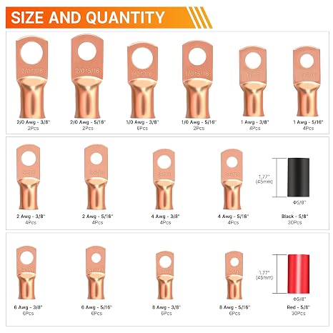 Kuject 120PCS Battery Cable Ends AWG 1 2 4 6 8 1/0 2/0 Gauge, 60PCS Heavy Duty Copper Wire Lugs Kit, Battery Cable Terminal Connectors Assortment with 60PCS 3:1 Heat Shrink Tubing