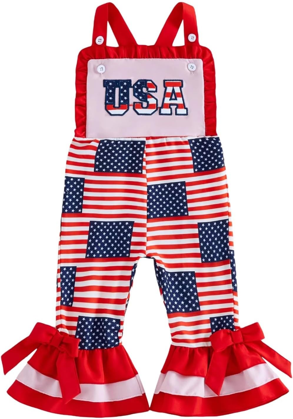 Overalls 4th of July for Toddler Girls Summer Flared Loose Adjustable Strap Jumpsuit Casual Ruffled Cute Bowknot Romper