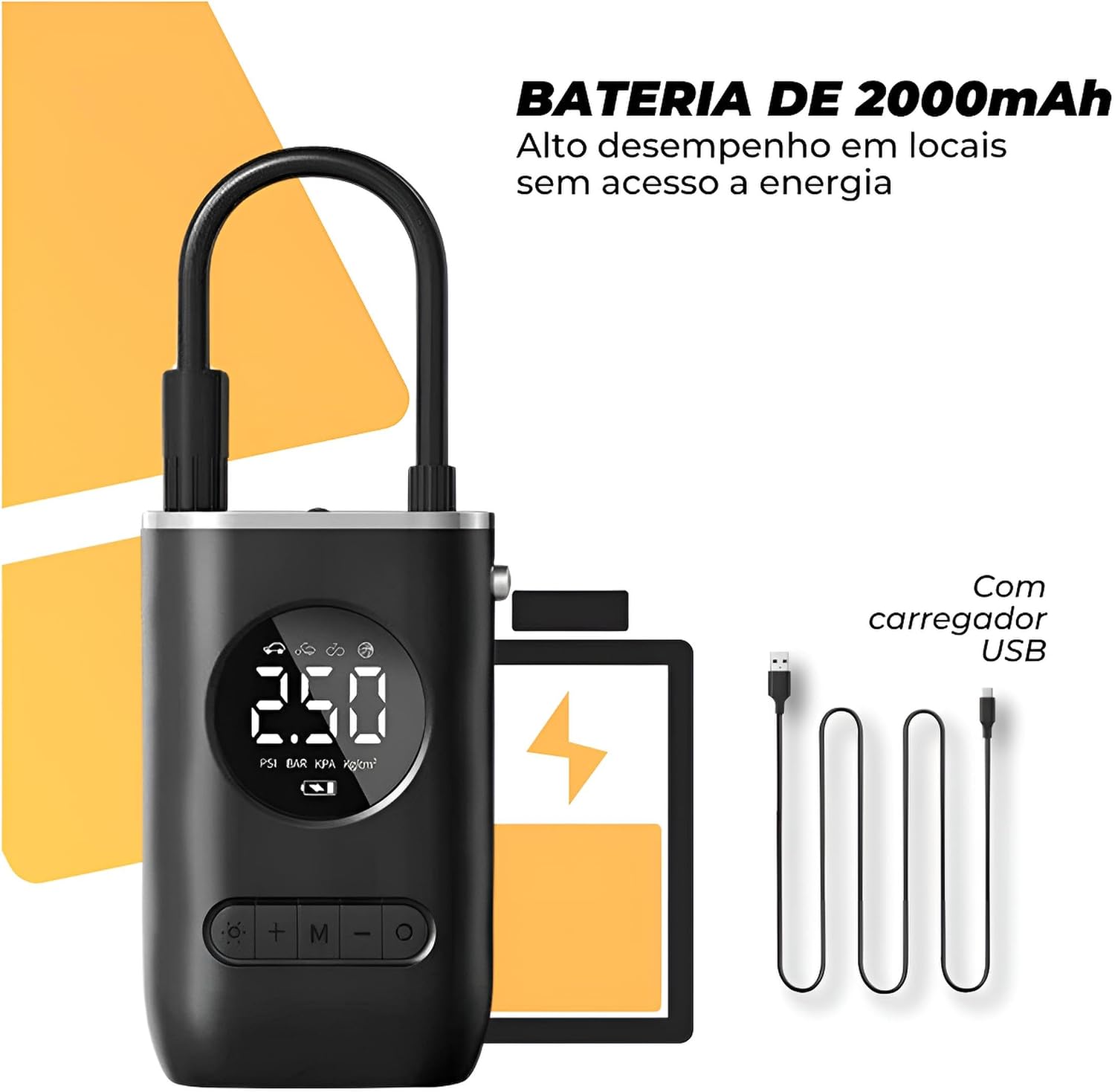 Calibrador Portátil Digital Recarregável 4000 mAh Mini Bomba De Ar Compressor 150 PSI Com Lanterna LED para Encher Pneus de Carro, Moto, Bike, Bicicleta, Bola e Piscina Inflável Linha Premium