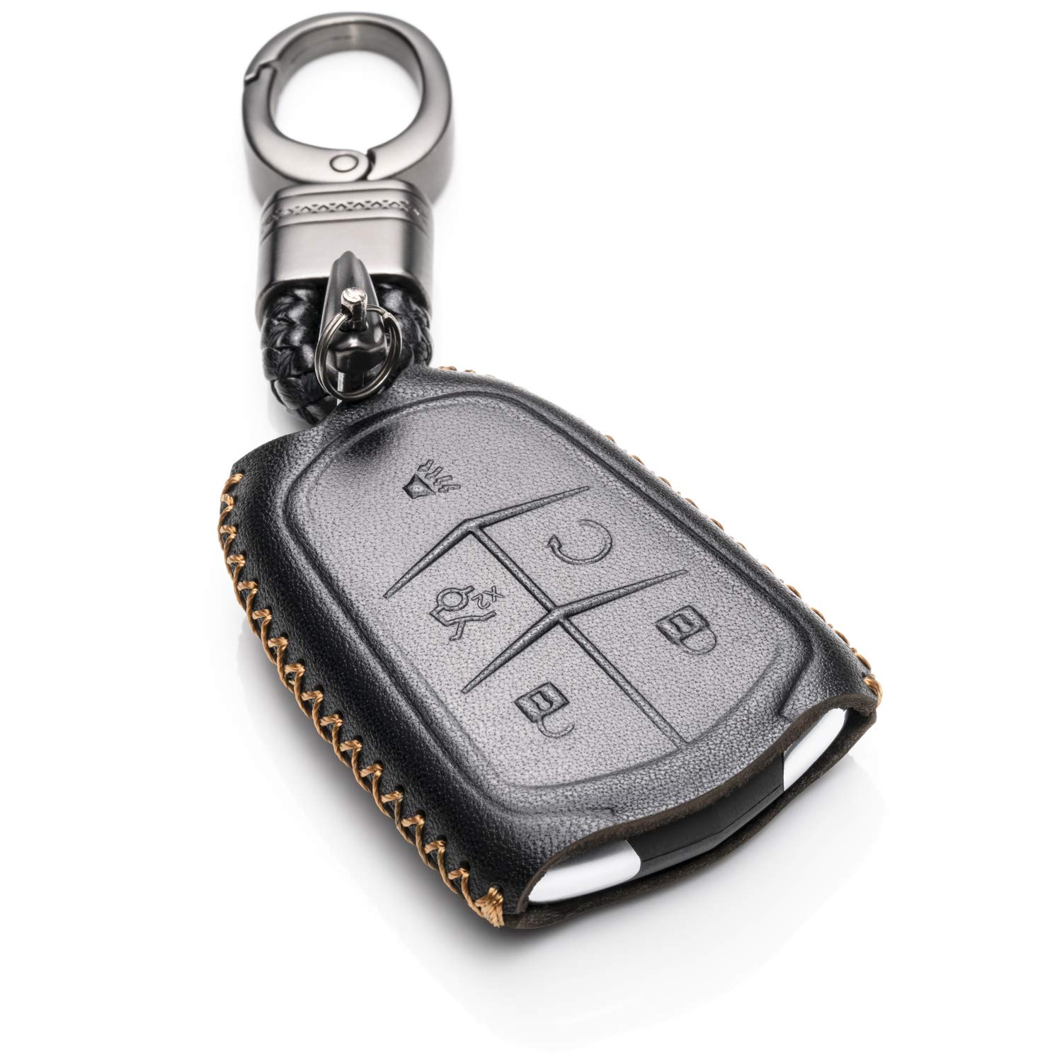 Vitodeco Genuine Leather Smart Key Keyless Remote Entry Fob Case Cover with Key Chain for Cadillac ATS, CT6, CTS, SRX, XT5, XTS (5 Buttons, Black)