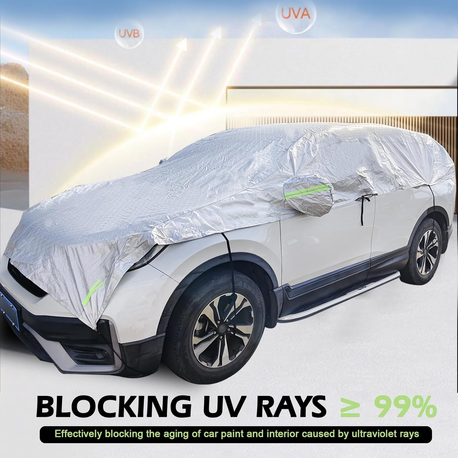 MLY 1 PC SUV Car Cover Waterproof All Weather, 17.72 Ft Cotton with Reflective Windproof Straps, All-Season Outdoor Protection Car Cover for SUVs, Sun Rain Snow Defense (Silver)