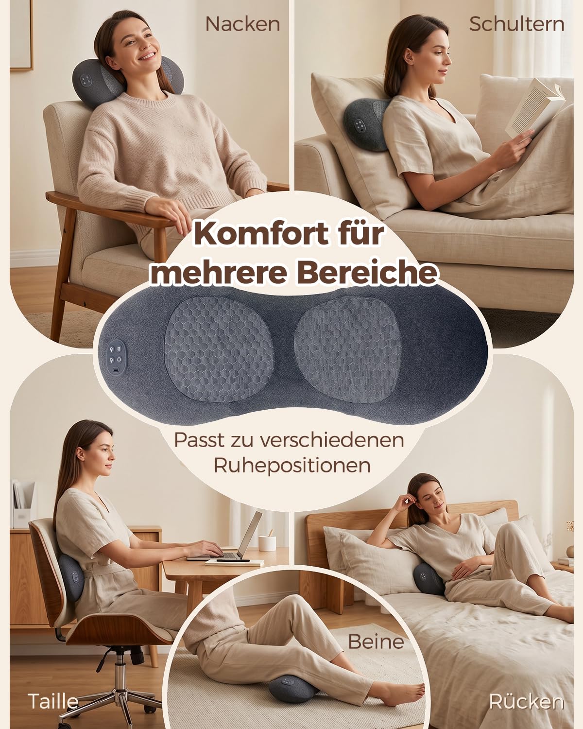 3 in 1 Rückenmassagegerät mit Wärmefunktion für Nacken & Rücken | Massagekissen mit Luftkompression, Vibration und 3 Wärmestufen; weicher Stoff, USB-C Laden für Schultern und Rücken