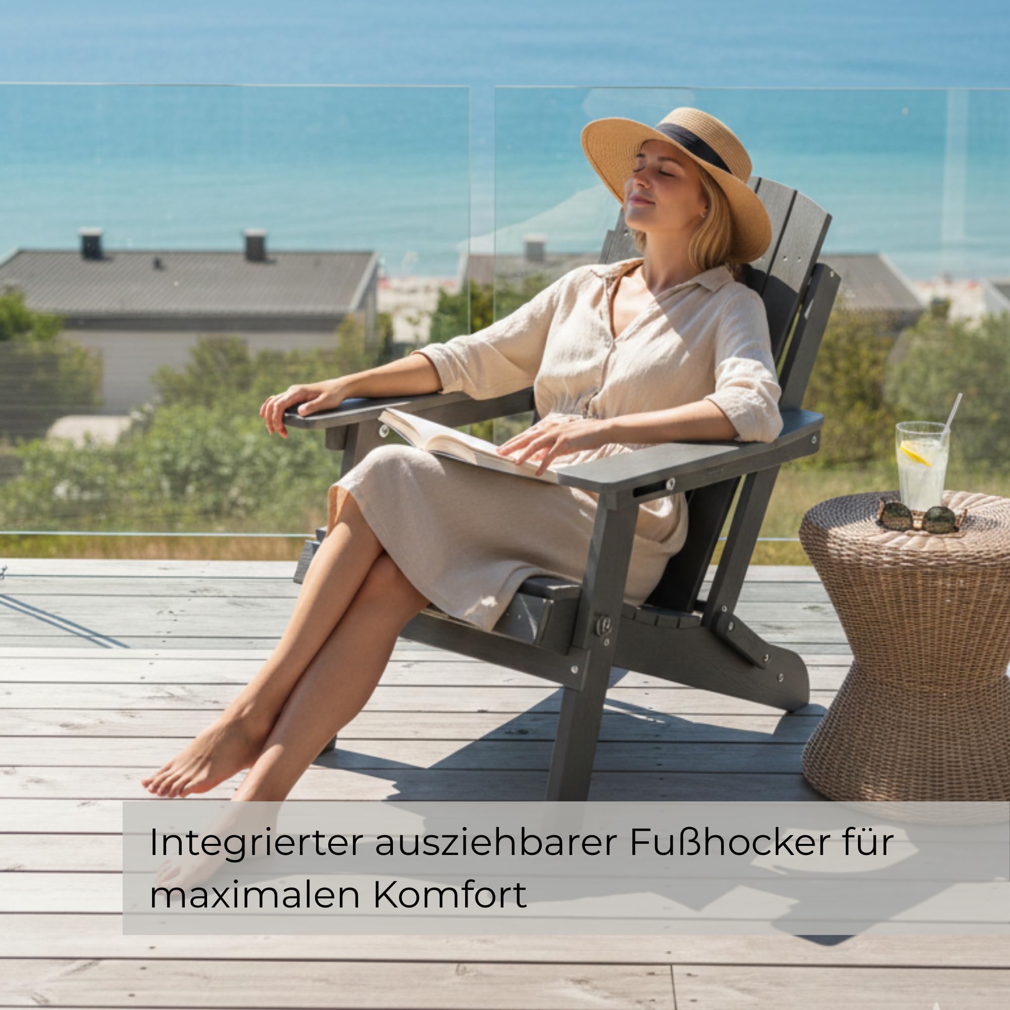 osoltus Adirondack Stuhl bis 150kg | Canadian Deck Chair | recycletes Plastic mit Holzstruktur | 3-Fach Verstellbarer Rückenlehne | ausziehbares Fußteil grau