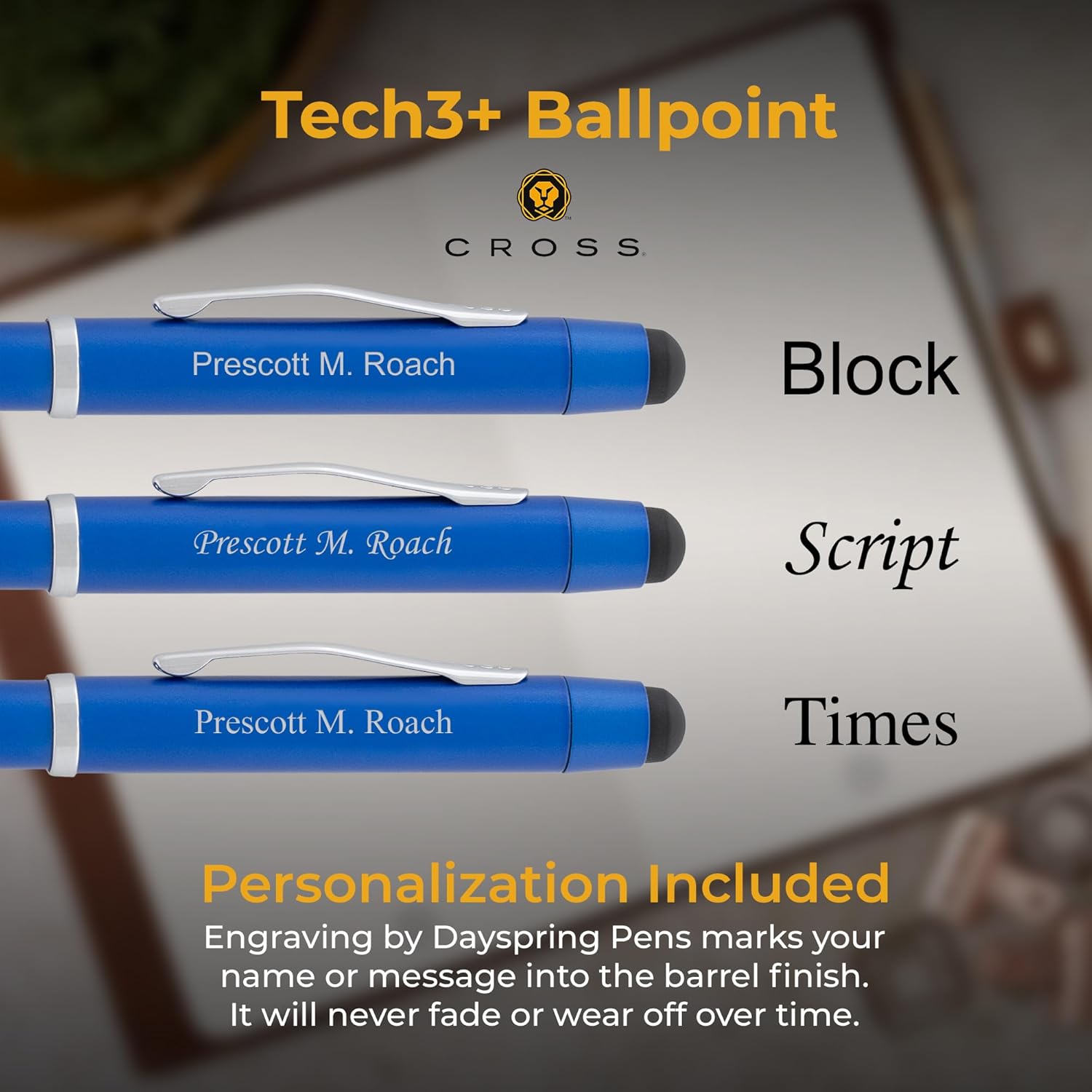 Dayspring Pens Engraved Cross Multifunction Pen | Personalized Cross Tech3+ Multifunction Stylus Pen in Metallic Blue with Chrome Trim. Custom Engraving for a Functional Personalized Gift.