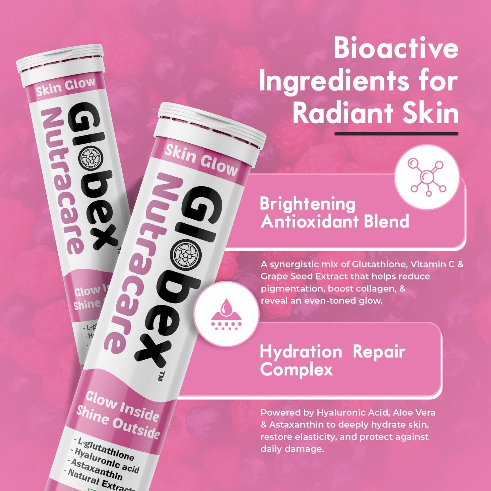 Skin Glow Effervescent Tablets | 30 Tabs | 500mg L-Glutathione, Vitamin C, Biotin, Astaxanthin & Hyaluronic Acid | Skin Hydration | Sugar Free, Mixed Berry Flavor — Amazon image 3