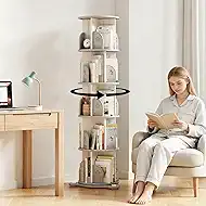 5-Tier Rotating Bookcase with Wheels, 360° Spinning Bookshelf Tower for Corner Spaces, Multi-Functional Book Display Stand & Organizer for Living Room, Bedroom, Classroom, Office - White