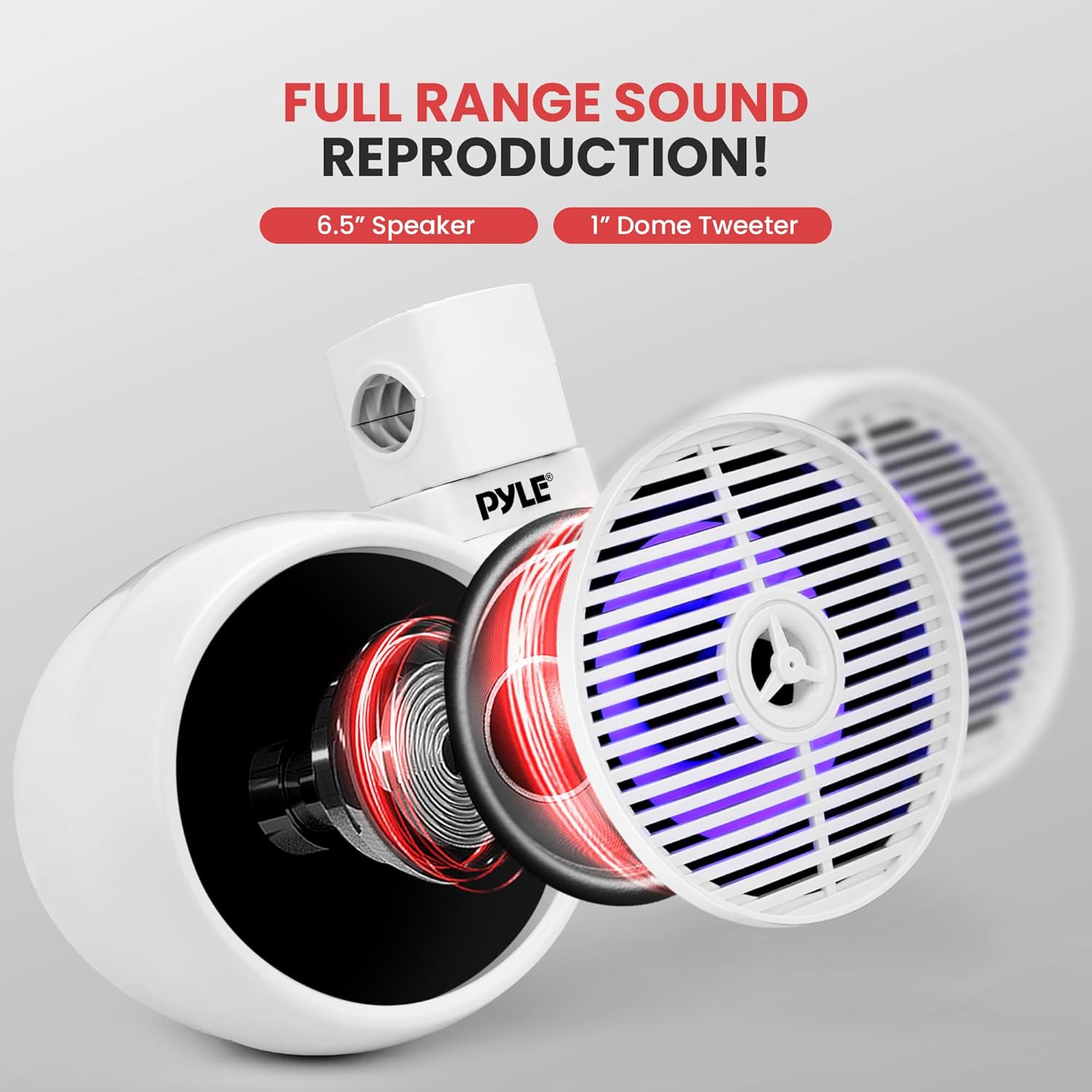 Pyle 6.5 Inch Marine Speakers with Bluetooth and Wireless Streaming, Boat Speaker with Built-in LED Lights, Waterproof, Heavy Duty ABS, 200W Max - Perfect for Music Lovers