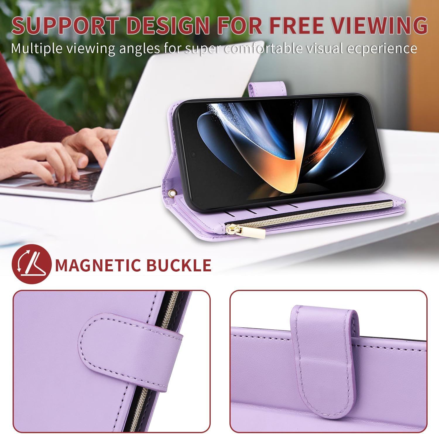 Wallet Case for Samsung Galaxy Z Fold 4 5G 2022 Wrist Strap Shoulder Strap Zipper Flip Purse Card Holder Slots Protector Stand Accessories Phone Cover ZFold4 Z4 Fold4 4Z ZFold45G Girls Purple image 4