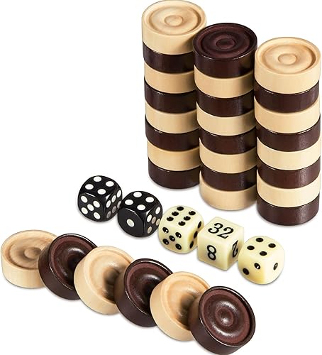 Miniatura 8 de Juego de 30 piezas apilables de madera clásicas, juego de 30 piezas de damas, 5 dados, 2 bolsas de almacenamiento con cordón, damas (1.2 pulgadas de