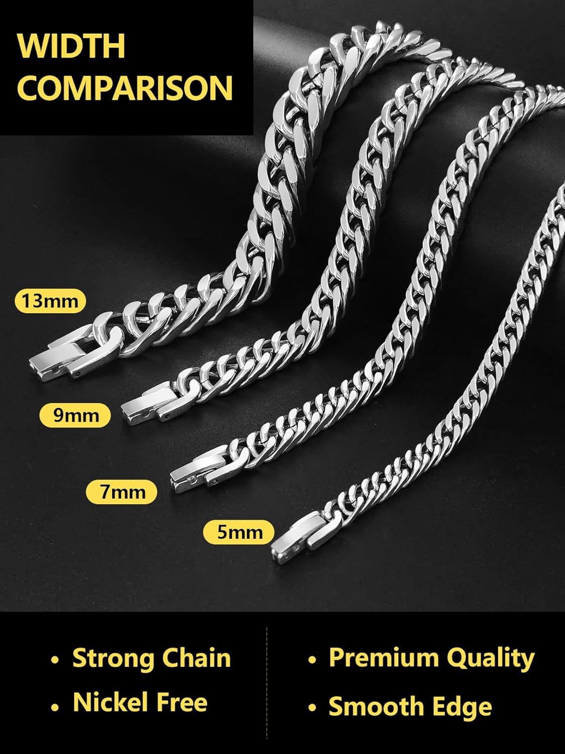 Cuban Chain Bracelet for Men Women, 5mm/7mm/9mm/13mm Width, Black/18K Gold Plated/Stainless Steel Curb Link Chain Bracelets, 7.5"/8.3"/9" Length-Send Gift Box - Image 7