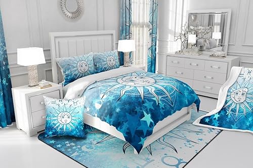 Miniatura 6 de Manfei Juego de edredón de sol y luna, tamaño matrimonial, juego de ropa de cama con estampado de estrellas azules, 3 piezas para decoración de