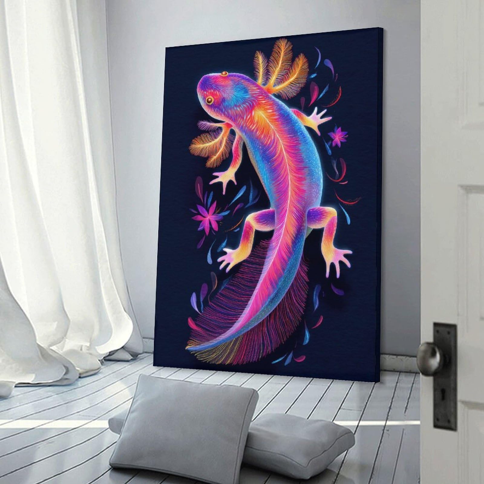 Junmoney Frame-Style-7 Neon Axolotl With Flowers Wall Decor Canvas Print, 20X30inch(50X75cm), For Flats, Guest Rooms Or Compact Rooms, A Simple Refresh For Blank Walls