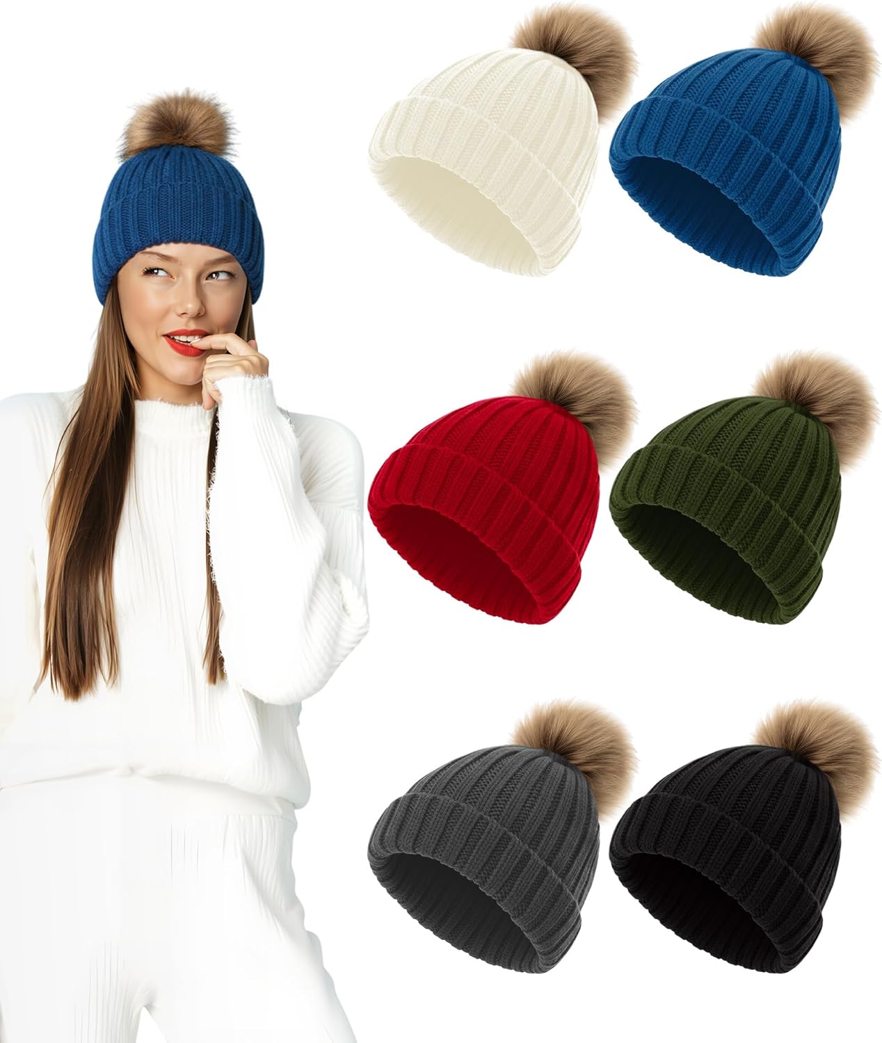 Winter Knitted Beanie Hat with Faux Fur Pom Couple Warm Skull Cap Knit Beanie Soft Ski Cap for Women Men - Image 2