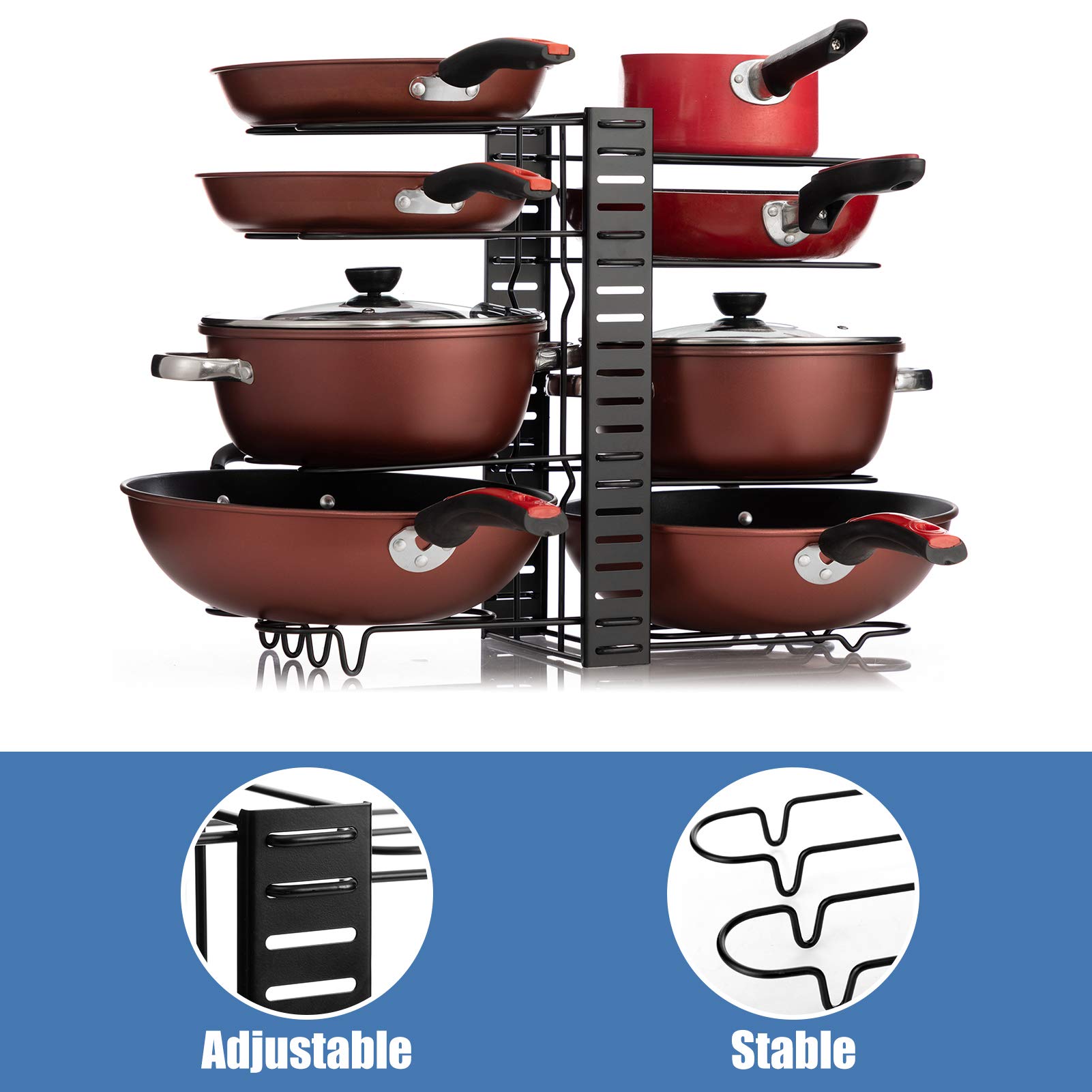 DIY Verstellbares Pfannen- und Topfdeckelregal, Metall Rostfrei Topfabdeckung und Kochgeschirrhalter, Küche Lagerregal mit 8 Fächern, Küchengeschirr Organizer für Schrank und Theke, Schwarz