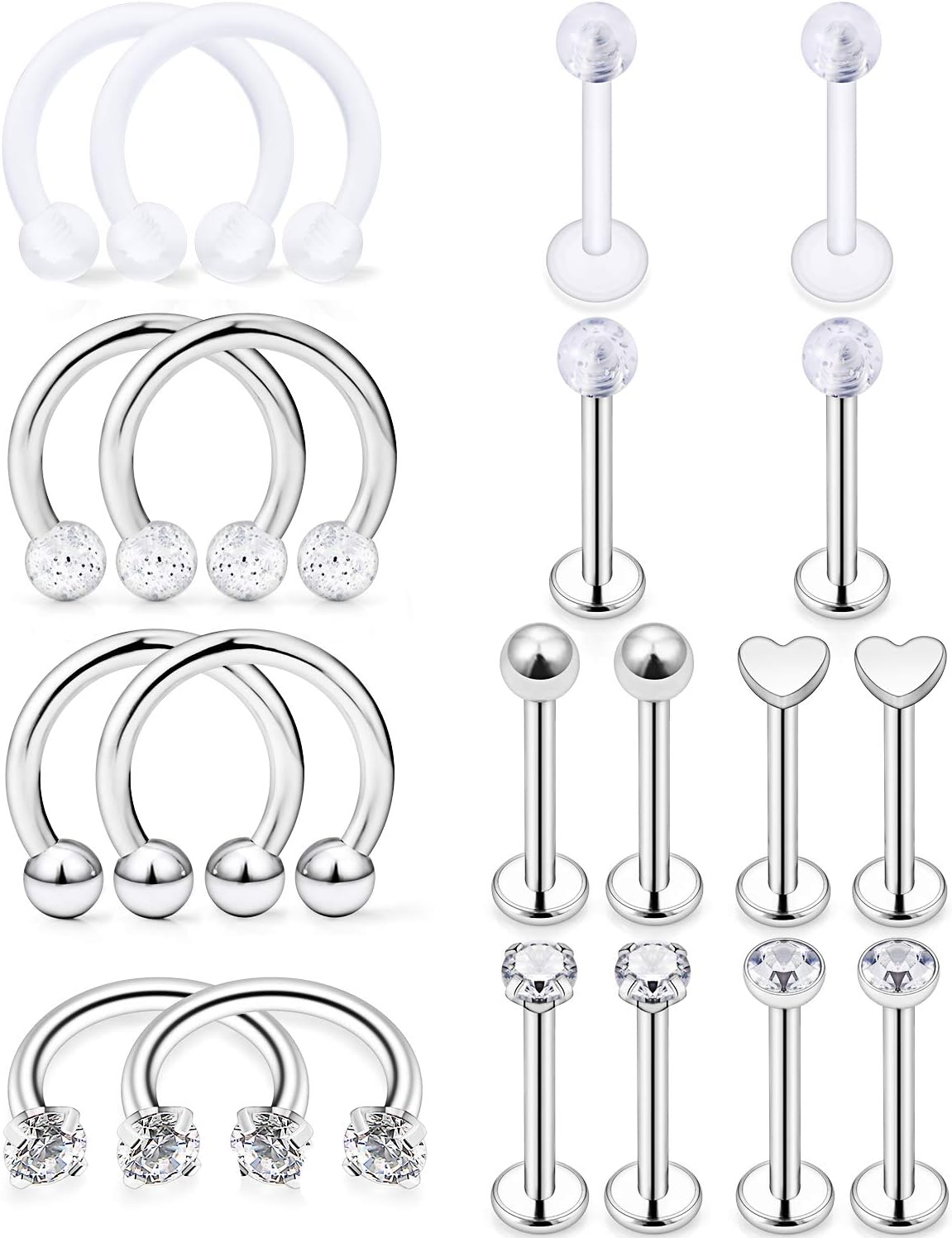 Snake Bite Jewelry 16g Lip Rings Surgical Steel Horseshoe Labret Jewelry Medusa Piercing Jewelry Long Spike Helix Earrings Studs for Women Men 16 Pieces