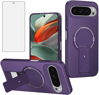Asuwish Phone Case for Google Pixel 9 Pro XL/10 Pro XL Magnetic Carbon Fiber Cover with Tempered Glass Screen Protector and Kickstand Protective Cell Pixel9 9Pro Nine Pixel10 10Pro LX Women Purple