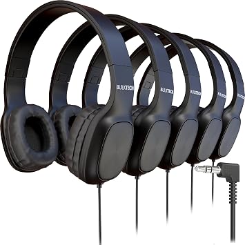 5 Pack Bulk Wired On-Ear Leather Headphones with 3.5mm Connector, Oval Metal Housing, Black