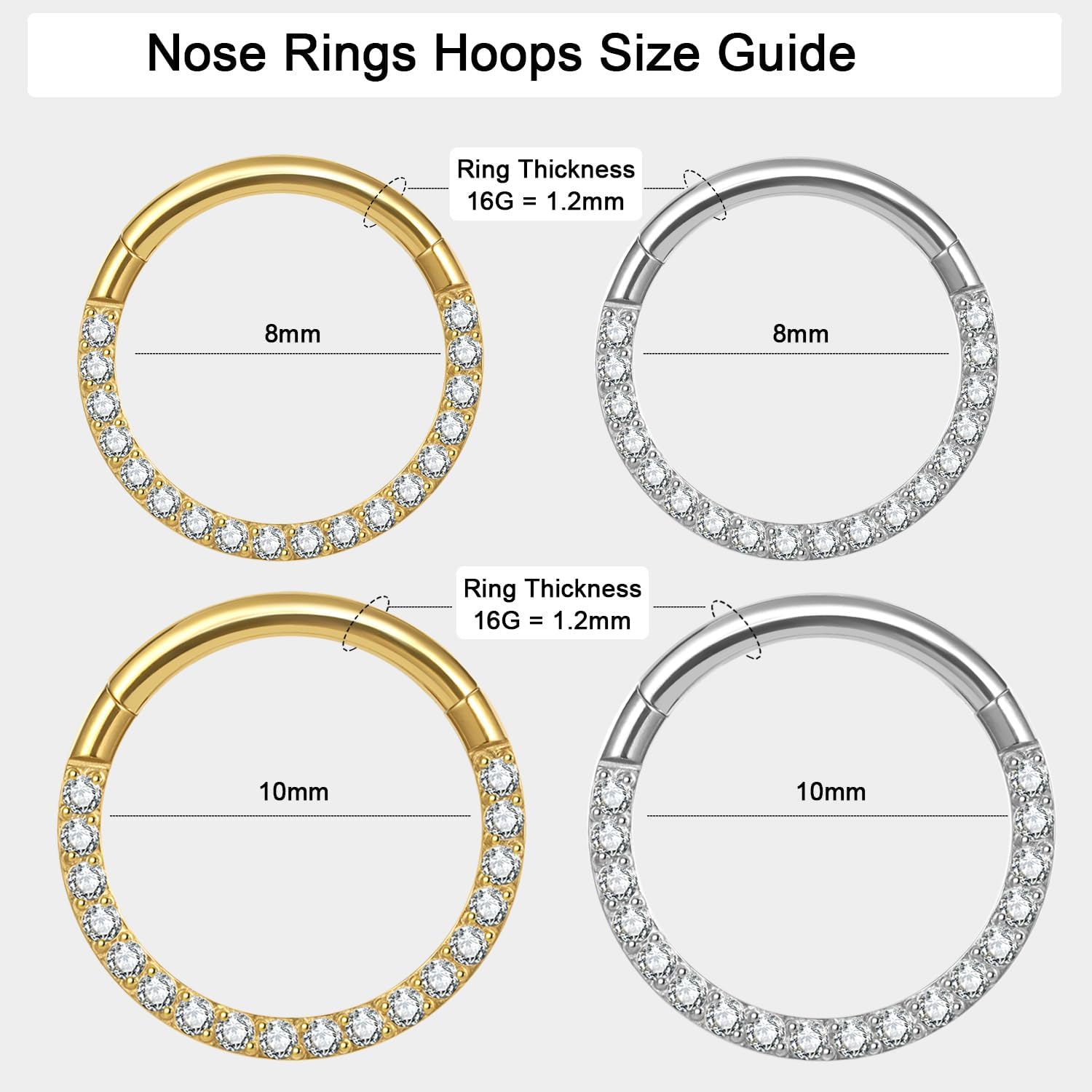Titanium Septum Rings, 16G Septum Jewelry, Gold Septum Ring Hypoallergenic Hinged Clicker Septum Nose Piercing Jewelry Hoops for Women Men-8mm/10mm Silver/18K Gold Plated - Image 8