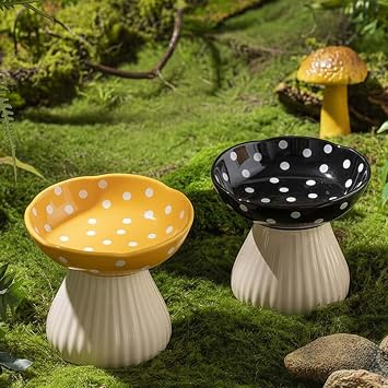 Mushroom Cat Bowl, Raised Ceramic Cat Food Dish for Whisker Fatigue, Forest Style Pet Water Bowl, Elevated Tilted Neck Protection Feeder for Indoor Yellow & Black
