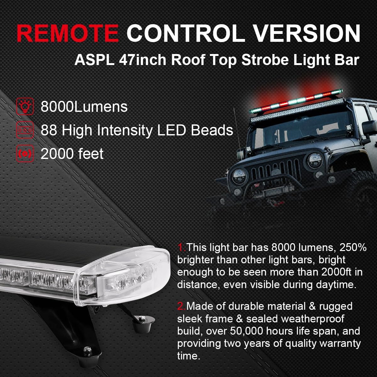 aspl 47" low profile roof top strobe lights bar with controller high intensity 88 led emergency warning flashing traffic advisor snow plow light for trucks vehicles tow pickup (red/white)