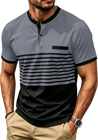Mens T-Shirts Short Sleeve Button Casual Stylish Basic Tees Work Striped Shirts Henley Summer Lightweight Stretch Top