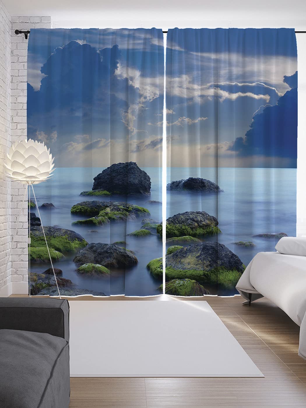 BBT 3D Sea and Rock Digital Printed Polyester Fabric Curtains for Bed Room, Living Room Kids Room Color Sky Window/Door/Long Door (D.N. 875) (2, 4 x 9 Feet ( Size : 48 x 108 Inch) Long Door)