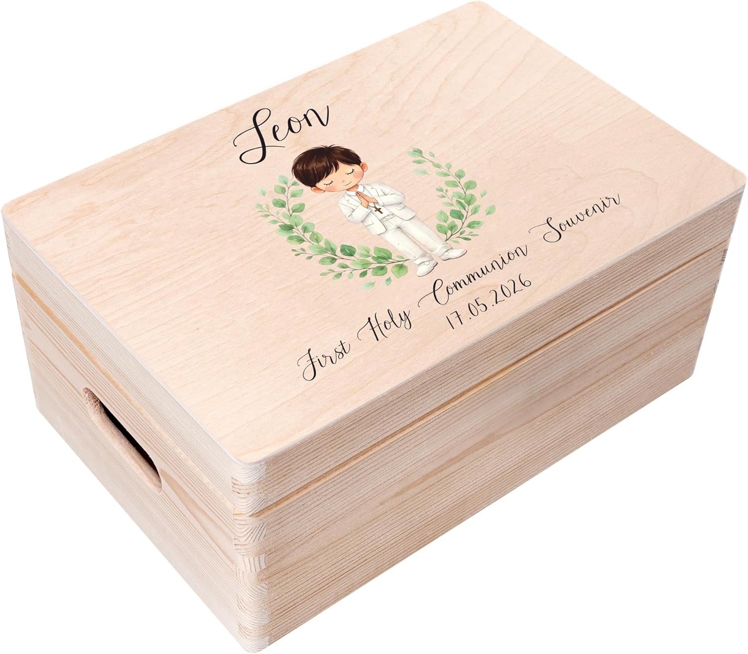 Personalized Wooden Storage Box Communion | 11.8 x 7.87 x 5.51 in (+-0.5) | Minimalistic | Hinged Lid Handle Engraving | Unpainted Gift Box | UNSANDED Keepsake Souvenir Chest