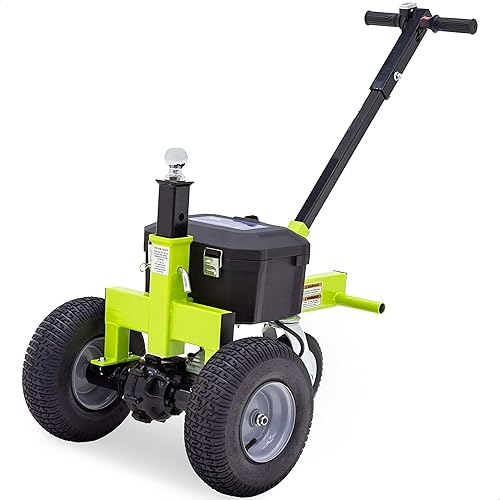 Tow Tuff Electric Trailer Dolly w/ 13" Tires & 8" Swivel Caster Wheel, 3500 lb Capacity, Green - 22" to 28.35" Adjustable Ball Height, 1.5 Mph Speed, Fits 2" Ball Mount, Utility, Boat or Cargo Use