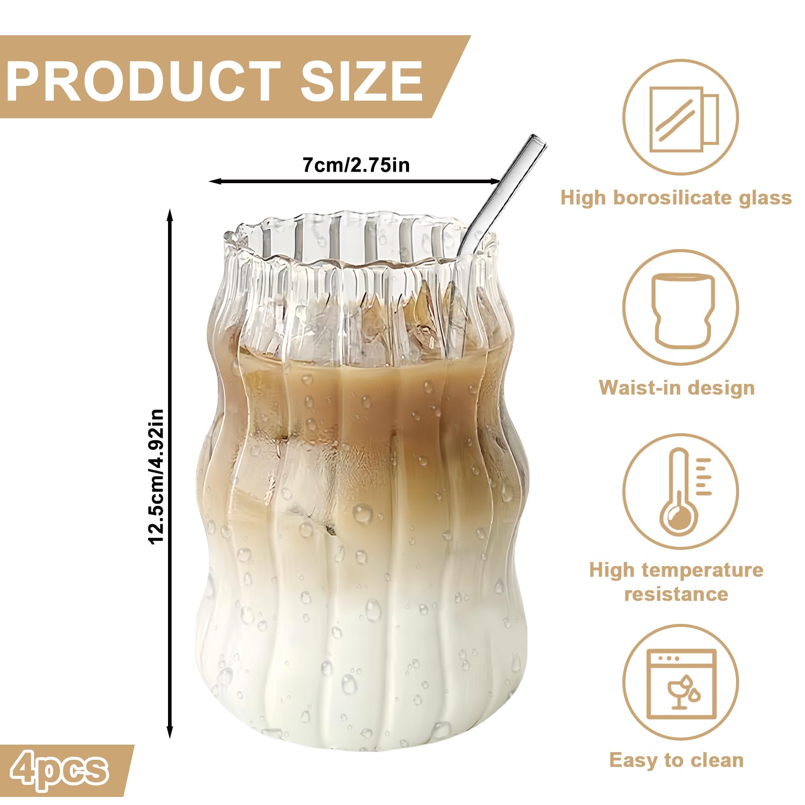 Set di 4 bicchieri da caffè per latte macchiato da 530 ml, bicchieri da long drink, set per caffè, tè, cola, soda, cocktail con cannucce di vetro, spazzole