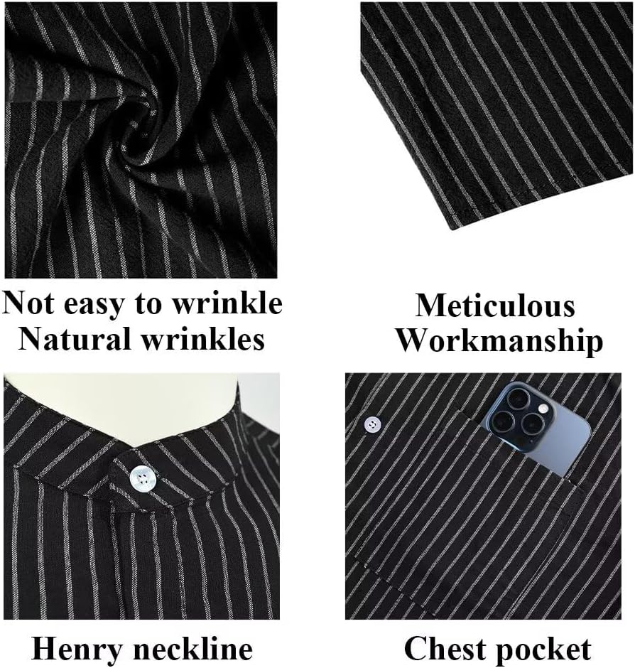 BAYAMO Men's Button-Down Henley Shirts Long Sleeve Cotton Linen Striped Shirts for Men Casual Fashion Business Shirt with Pocket (Black L) - Image 5