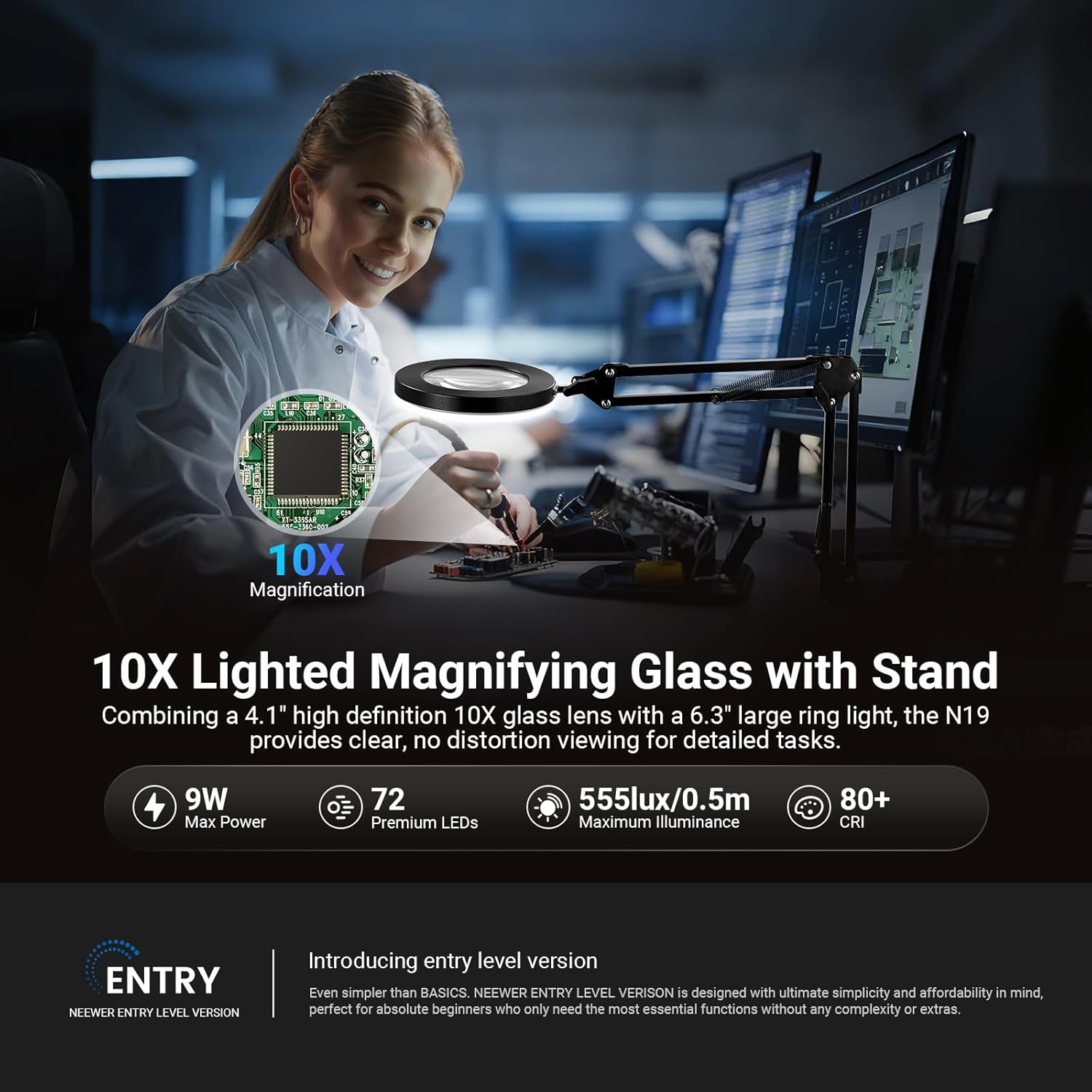 NEEWER Entry Level Version 10X Magnifying Glass with Light & Clamp Stand, 6.3" Bi Color Dimmable Magnifier Lamp LED Ring Light CRI80+ for Desk Crafting Reading Close up Work, N19