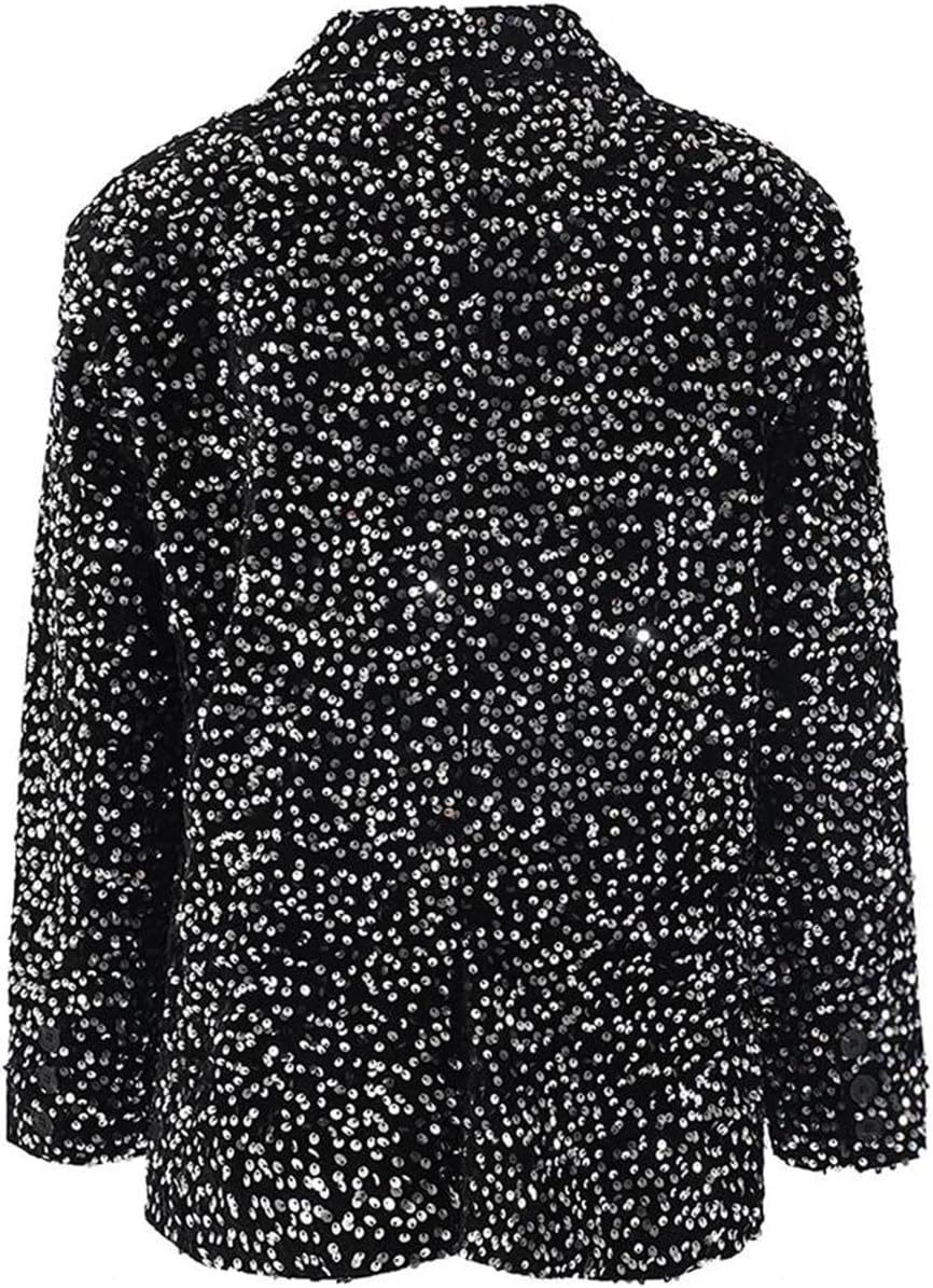 Women Sequin Blazer Lapel Long Sleeve Loose Casual Suit Jacket