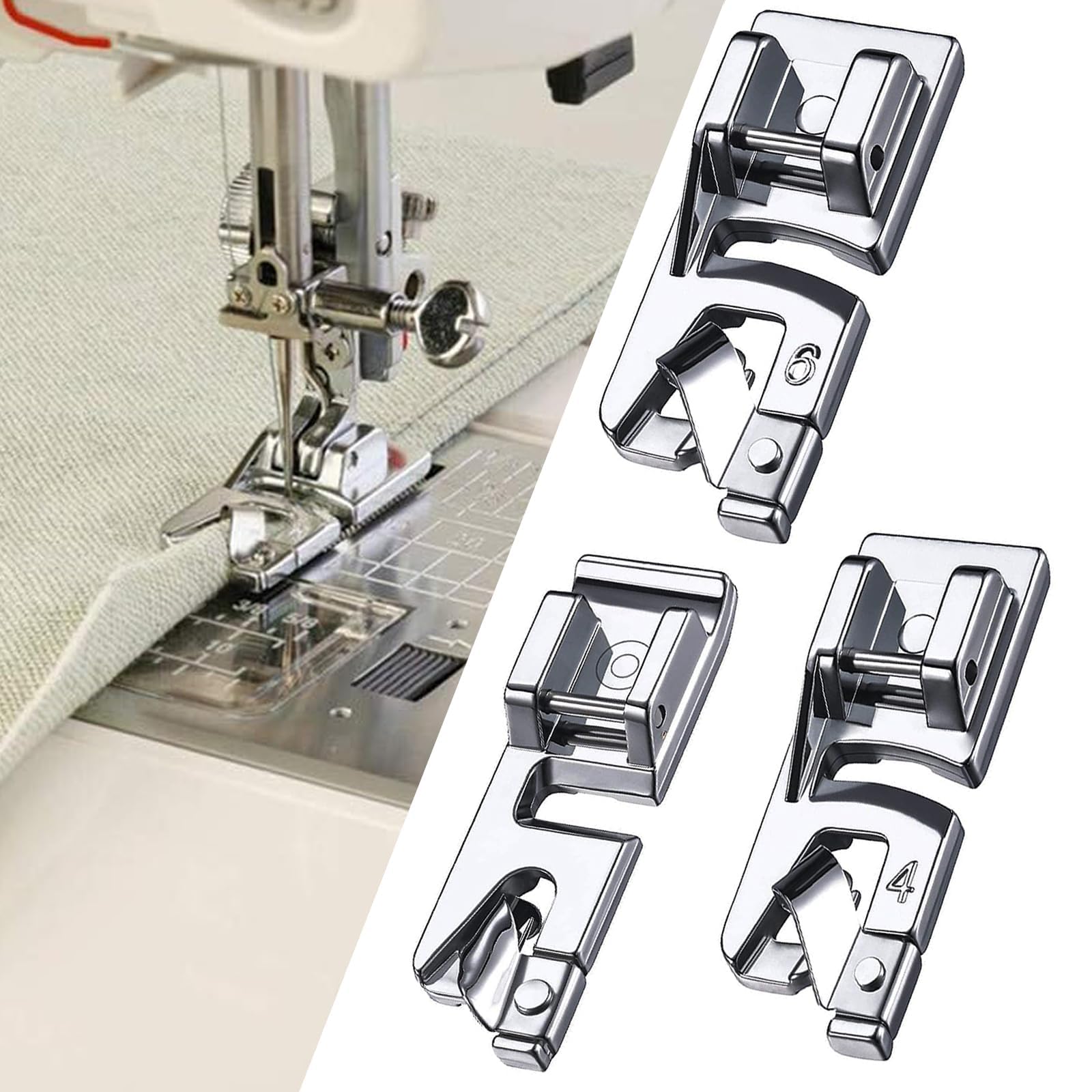 Three rolled hem presser feet next to a sewing machine performing a hem.