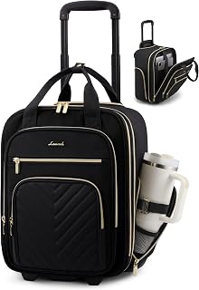 LOVEVOOK Underseat Carry On Luggage with Wheels, Stylish Under Seat Luggage with Giant Tumbler Holder Pocket, Soft Sided Small Suitcase for Travel, Work