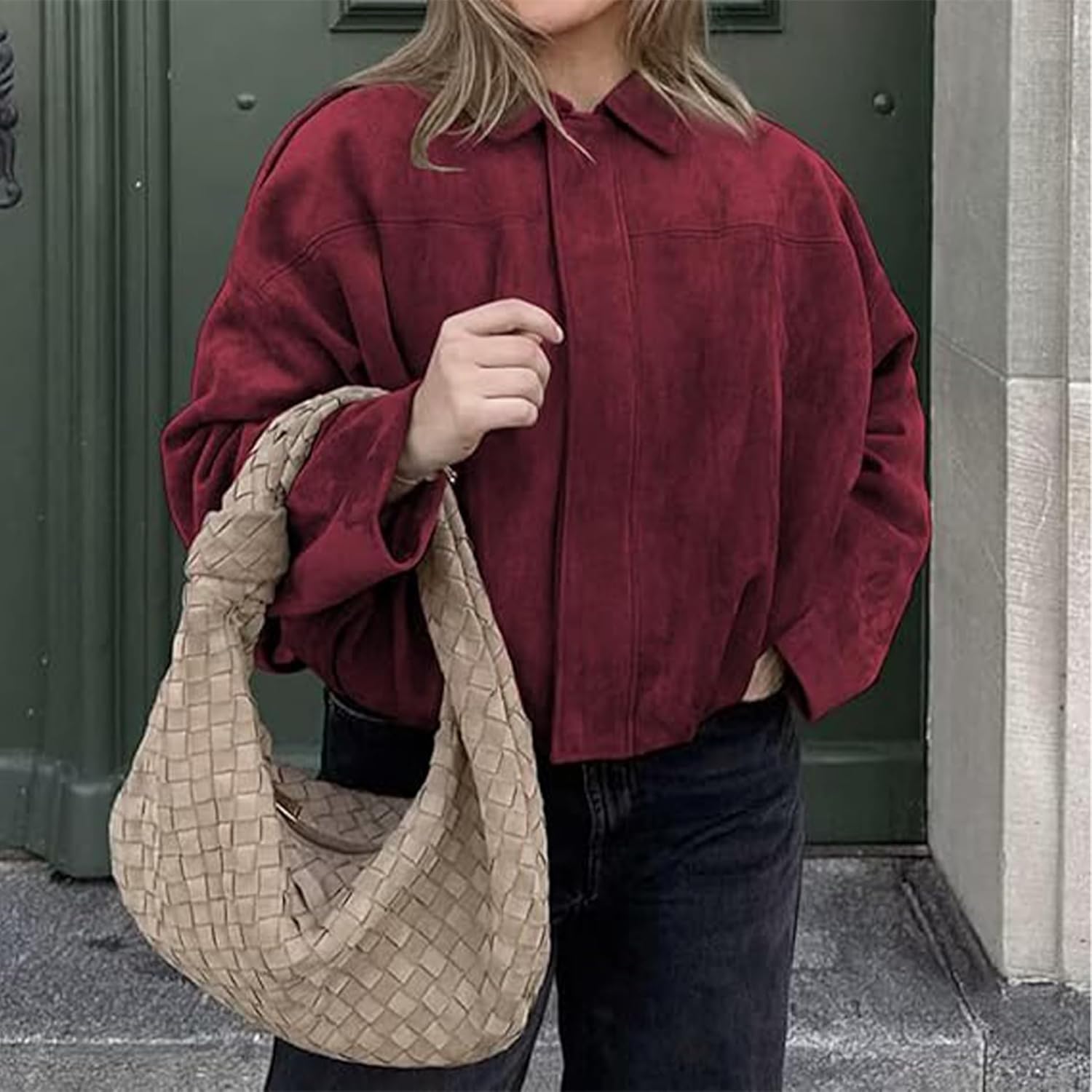 Faux Suede Jacket Women Oversized Long Sleeve Zip Up Epaulet Bomber Leather Jackets Oversized Casual Coat - Image 5