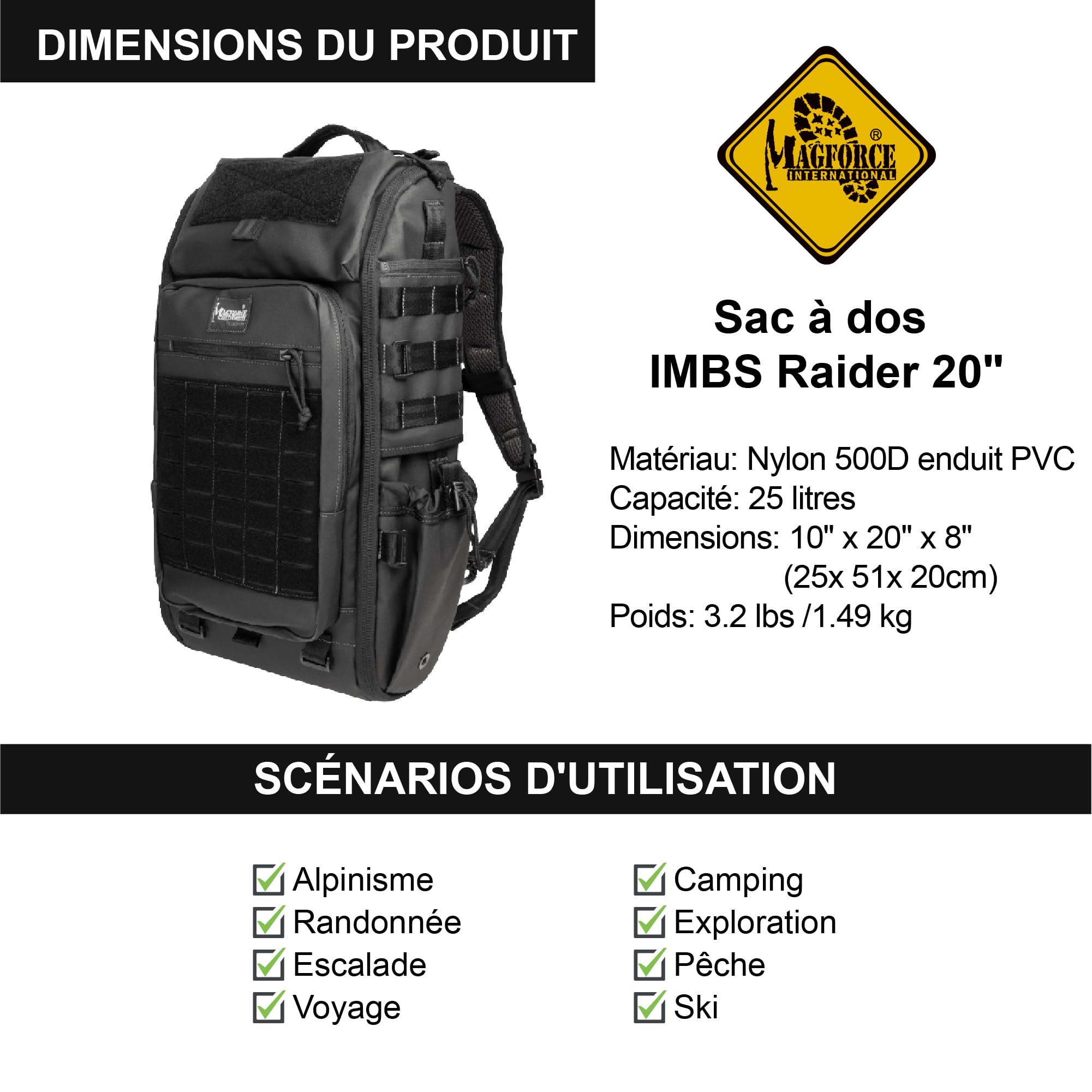 Magforce Raider Sac à Dos Tactique Militaire Molle Nylon balistique Grande capacité léger Compressible Multi-Poches extérieur Ordinateur Portable Noir Mat