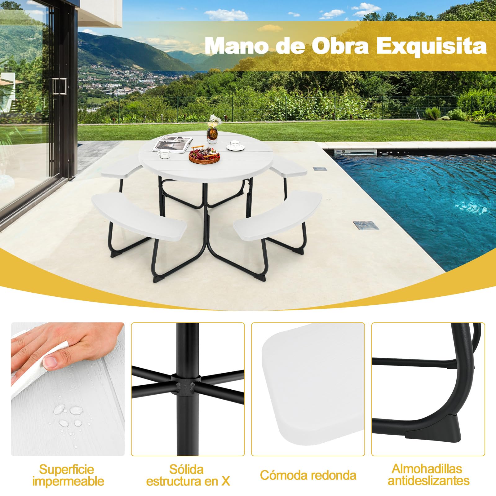 COSTWAY Conjunto de Mesa de Camping con Banco, 8 Personas, Mesa Camping Redonda con 4 Bancos,HDPE, Orificio para Sombrilla, Mesa y Sillas Jardin Patio Terraza (Blanco)