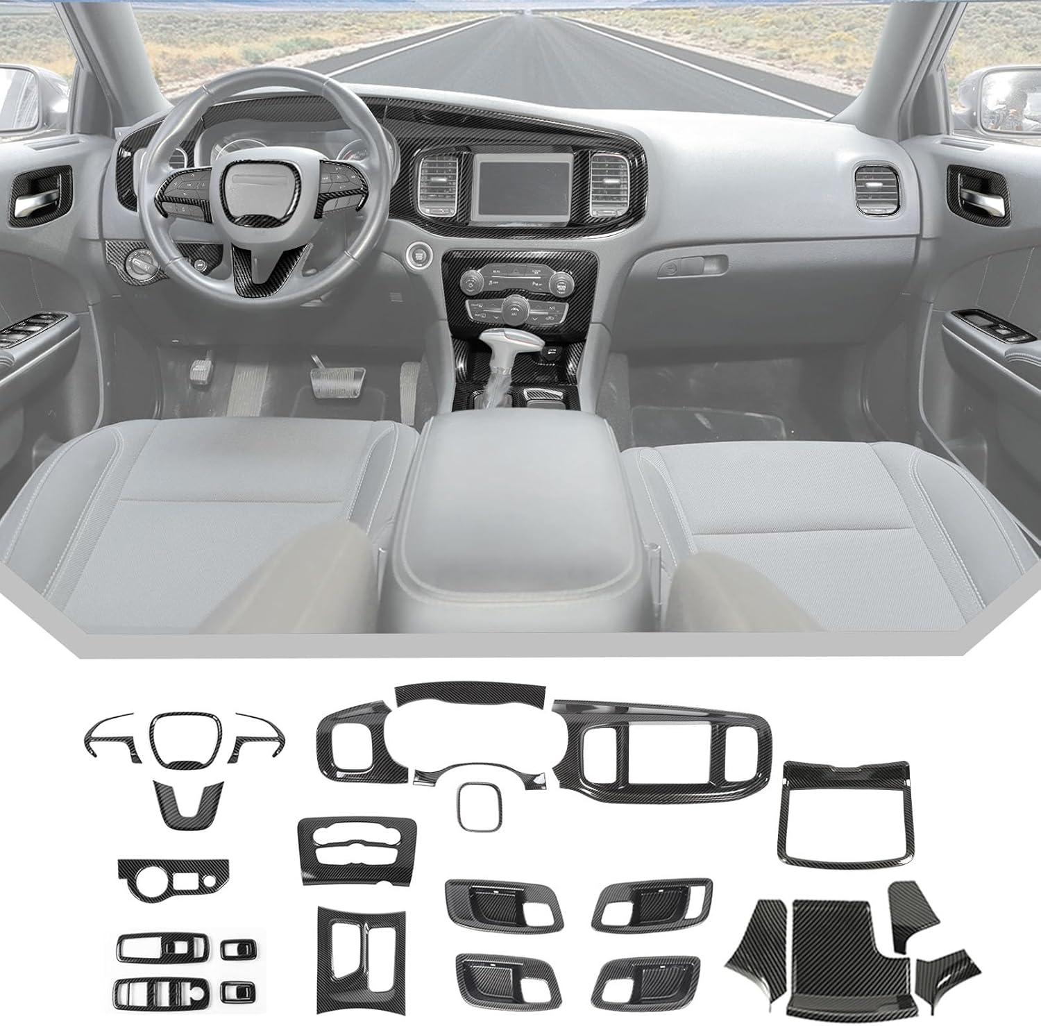 JeCar 26pcs Carbon Fiber Interior Trim Accessories for 2015-2023 Dodge Charger - Center Console Dashboard Decoration Covers for Charger Interior Upgrade