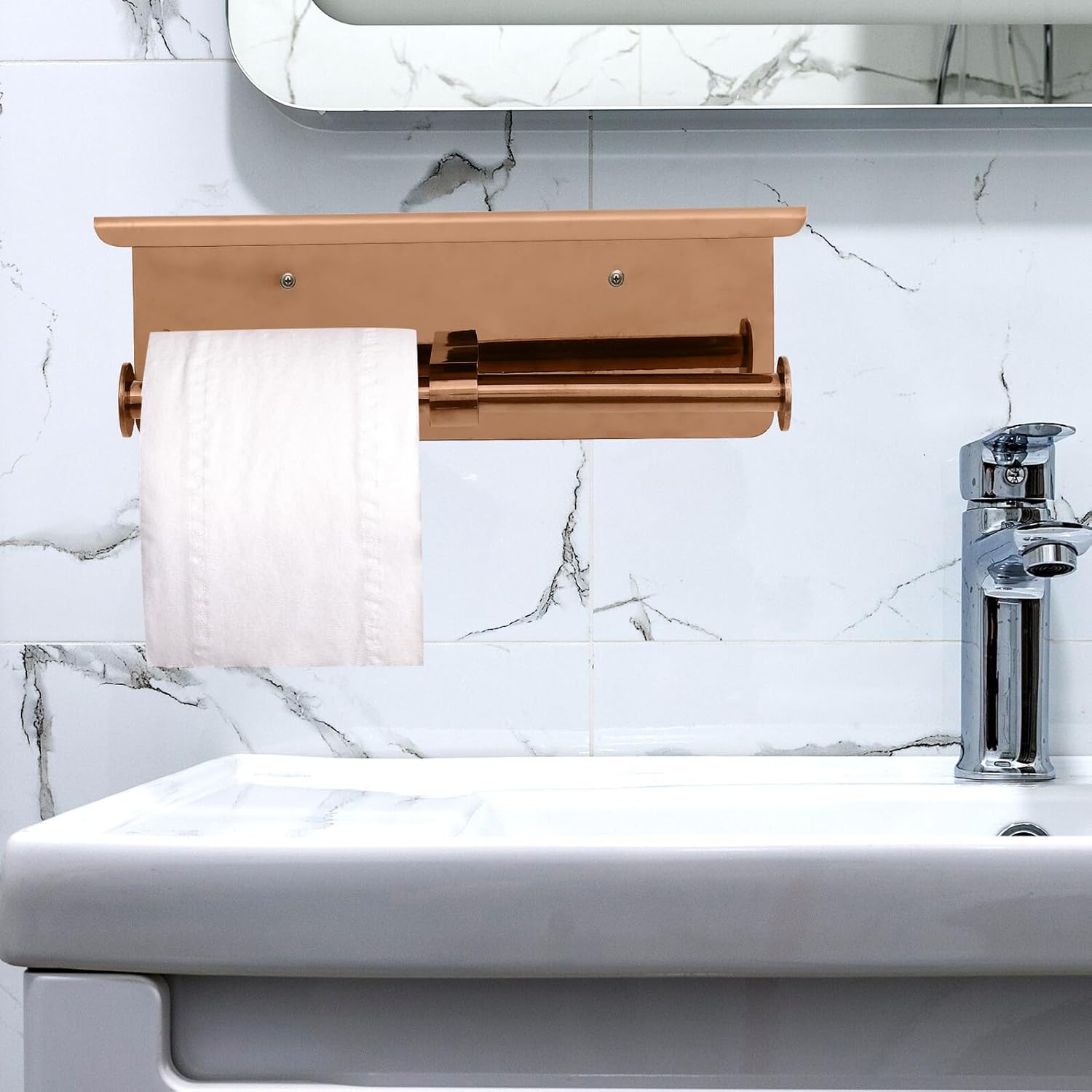 Brushed Gold Toilet Paper Holder Double Roll Rack Stainless Steel Tissue Paper Shelf Multifunctional Bathroom Wall-Mounted Storage for Home and Hotel
