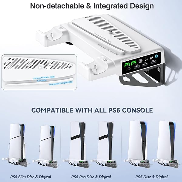 Tokluck PS5 Wall Mount Kit with Cooling Fan & Charging Station, PS5 Shelf Floating Mount for PlayStation 5/Slim/Pro Disc & Digital Console, PS 5 Wall Bracket Behind TV, PS Five Pro Accessories - 2