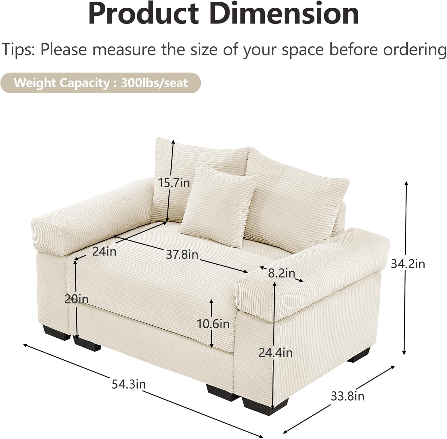 KEIKI 54" Oversized Corduroy Modular Sectional Single Sofa with High-Density Foam Cushions, Extra-Thick Armrests, Upholstered Modern 1-Seater Lounge Accent Chair with 3 Pillow, for Living Room, Beige