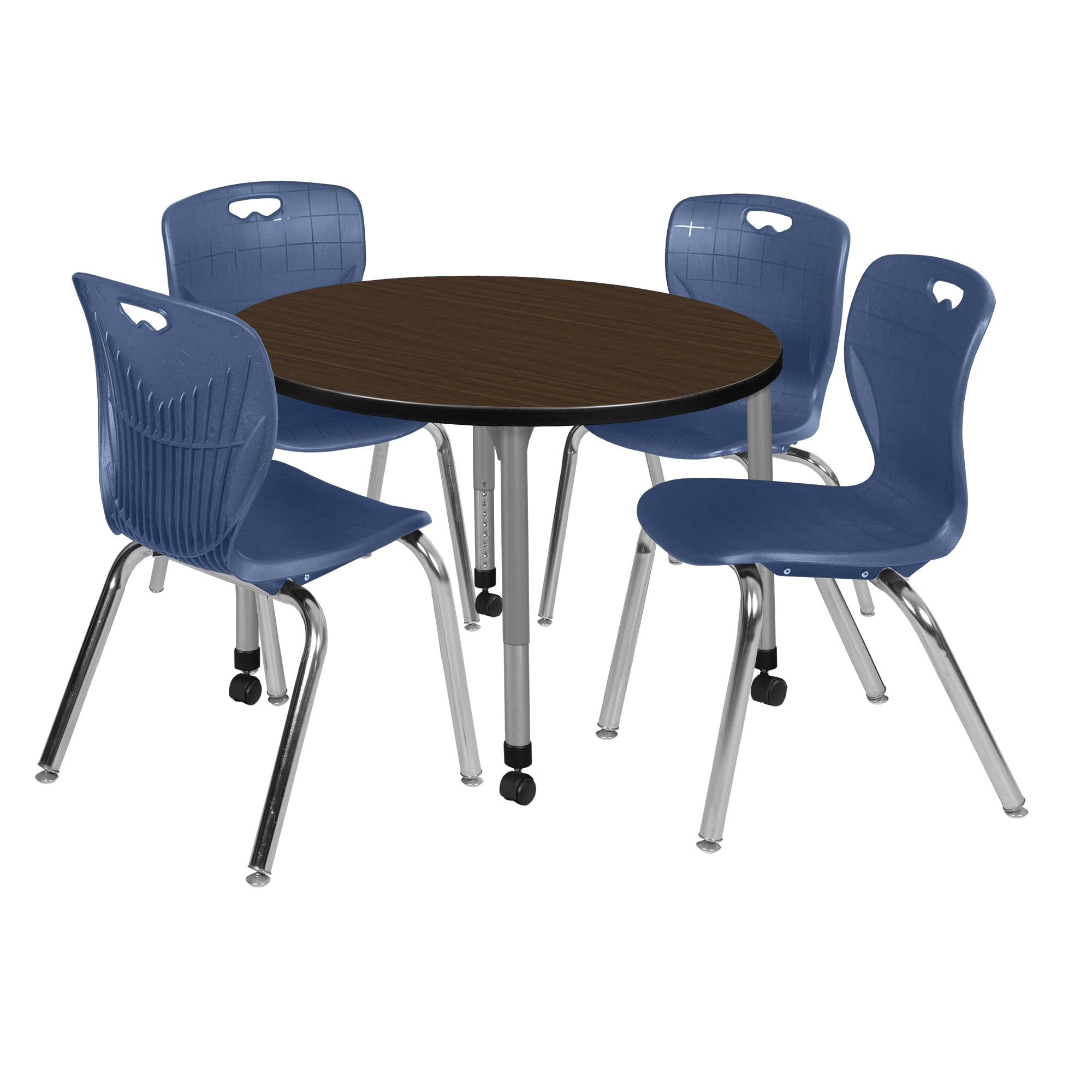 Regency Kee 42 in. Round Mobile Adjustable Classroom Table- Neo Walnut Top, Grey Base & 4 Andy 18 in. Blue Stack Chairs